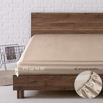 MR&HM Satin Bed Sheets, Queen Size Sheets Set, 4 Pcs Silky Bedding Set with 15 Inches Deep Pocket for Mattress (Queen, Champagne Striped)