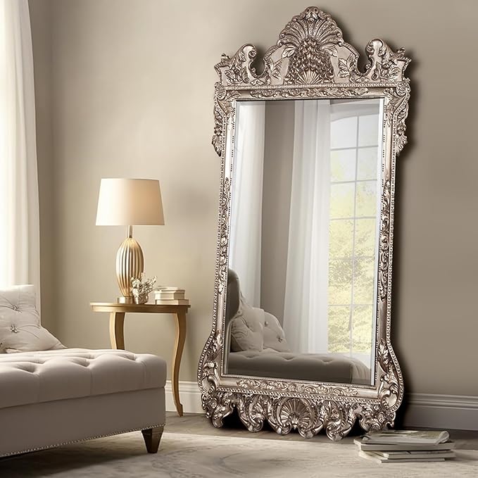 Howard Elliott Marquette Antique Oversized Full Length Mirror, Ornate Full Body Standing Floor Mirror, Large Leaning Wall Mirror for Bedroom & Living Room, Silver Leaf, 49" x 84" x 3" Inch