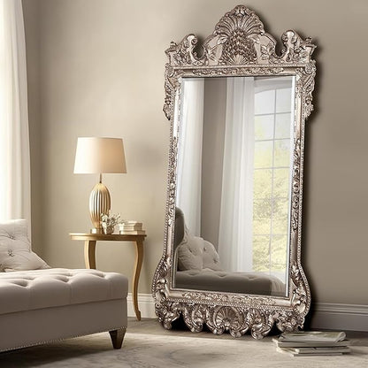 Howard Elliott Marquette Antique Oversized Full Length Mirror, Ornate Full Body Standing Floor Mirror, Large Leaning Wall Mirror for Bedroom & Living Room, Silver Leaf, 49" x 84" x 3" Inch