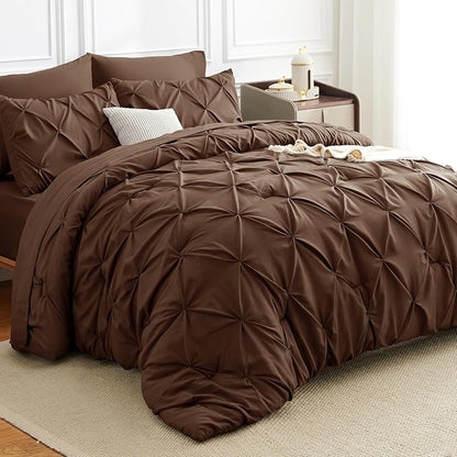 CozyLux King Size Comforter Set Brown, 7 Pieces Pintuck Bed in A Bag Brown Comforter King Size, Pinch Pleat Bedding Set with All Season Comforter, Sheets, Pillowcases & Shams