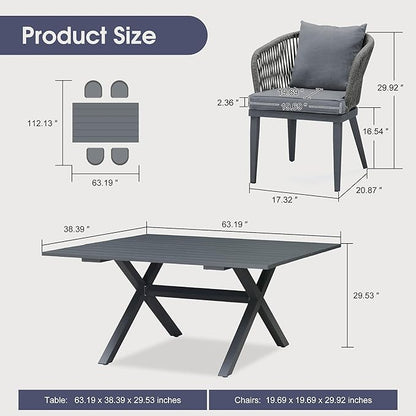 PURPLE LEAF 5 Pieces Patio Dining Table Set Wicker Outdoor Furniture Rectangular Table and Chairs Set for Garden Deck Aluminum Frame Backyard Kitchen Set, Cushions and Pillows Included Grey