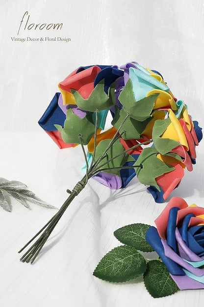 Floroom Artificial Flowers 25pcs Real Looking Whimsical Blue Foam Fake Roses with Stems for DIY Wedding Bouquets Baby Shower Centerpieces Floral Arrangements Party Tables Home Decorations