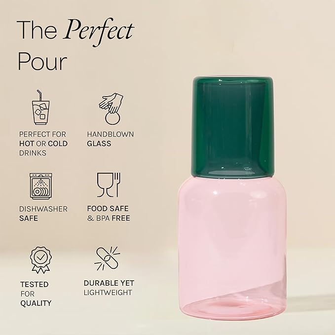 Glass Carafe and Cup Set | BPA Free, Dishwasher Safe, Durable & Lightweight | Ideal for Cold & Hot Beverages - Blush Pink & Pine