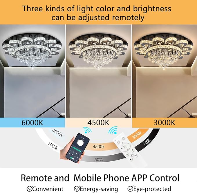 Modern Chandelier Living Room Light Glam Chandeliers Ceiling Light Fixture Remote Dimmable Lights 40 Inches Luxury Crystal Black Dining Room Lights