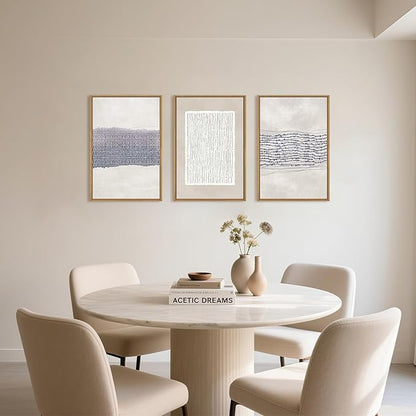 HOURIA Blue White Abstract Neutral Framed Canvas Wall Art Set,Minimalist Boho Waves Lines Wall Decor,Modern Geometric Shapes Print,Mid Century Grunge Artwork for Living Room,Bedroom,Office- 24"x36"x3