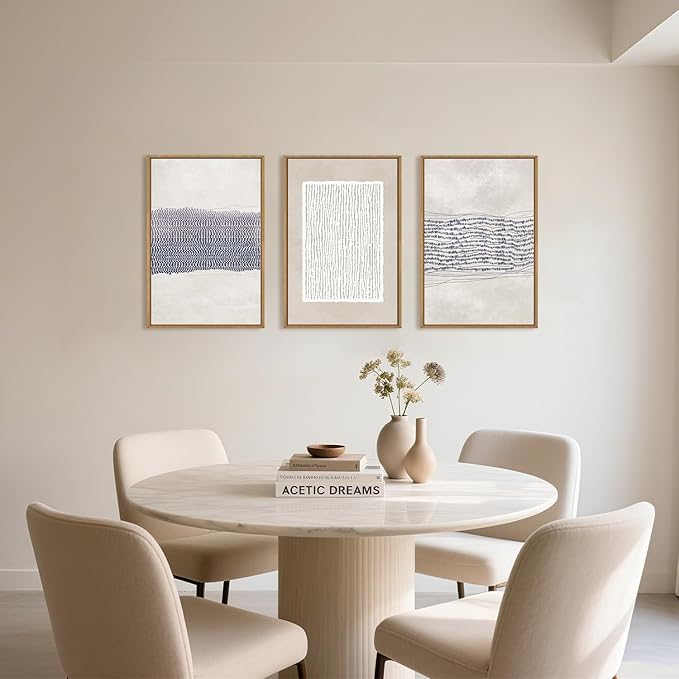 HOURIA Blue White Abstract Neutral Framed Canvas Wall Art Set,Minimalist Boho Waves Lines Wall Decor,Modern Geometric Shapes Print,Mid Century Grunge Artwork for Living Room,Bedroom,Office- 16"x24"x3