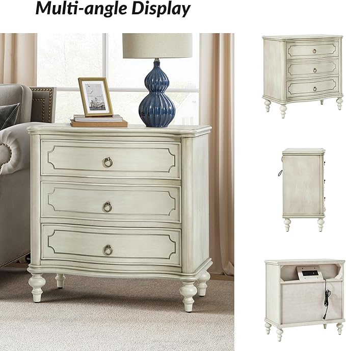 HULALA HOME Wood Nightstands Set of 2 with Charging Station for Bedroom, 3 Drawers Traditional Nightstands, Side Table with Solid Wood Legs, USB Ports & Three-Prong Plugs, White