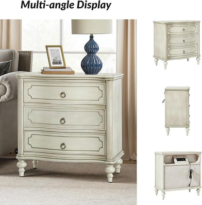 HULALA HOME Wood Nightstand with Charging Station, 3 Drawer Traditional Nightstands, End Table with Solid Wood Legs for Bedroom, USB Ports & Three-Prong Plugs, White