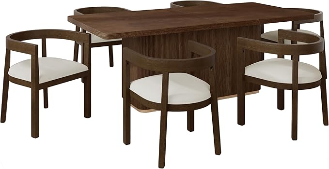 Merax 7-Piece Dining Table Set - 84'' Modern Rubberwood Table & 6 Tub Chairs, Minimalist Open-Back Design for Kitchen Dining Room, Easy Assembly, Beige+Walnut