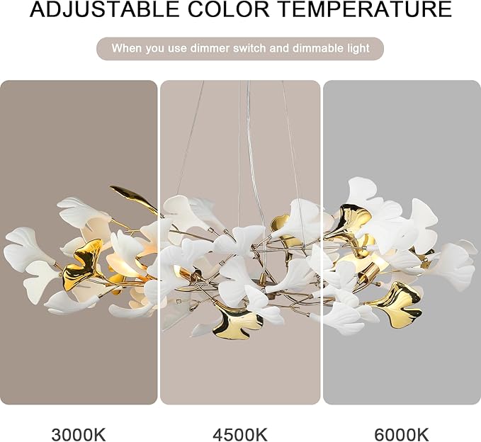Gold Leaf Chandelier 31.5 Inch, Modern Brass Chandeliers Light,Ginkgo Chandelier for Living Room 5 Light Hanging Round Light Fixture 48 Leaves
