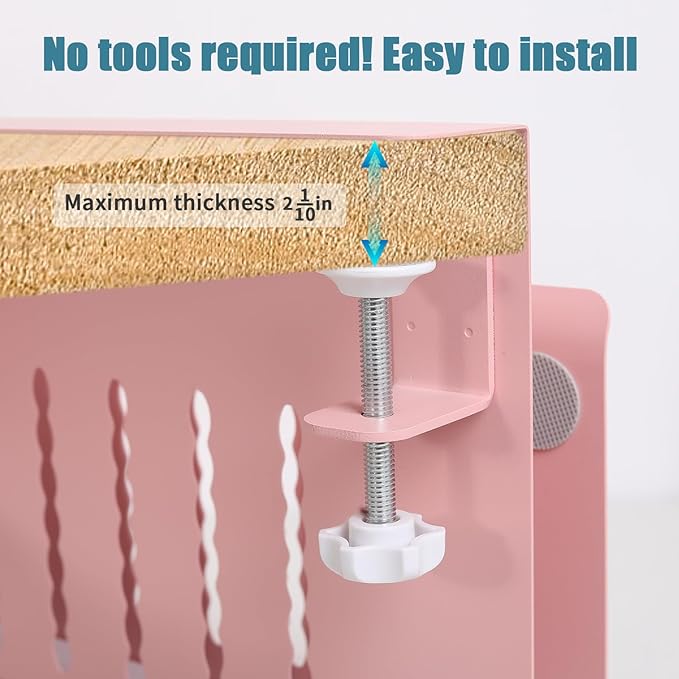 Desk Side Storage Under Desk Laptop Holder, No Drill Hanging Desk Organizer with Pen Holder, Clamp-On Table Side Desktop Organization Mount for Office and Home (Pink)