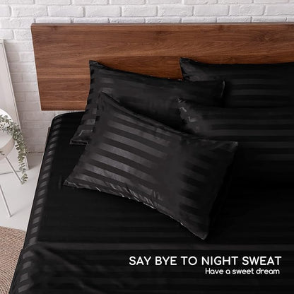 MR&HM Satin Bed Sheets, King Size Sheets Set, 6 Pcs Silky Bedding Set with 15 Inches Deep Pocket for Mattress (King, Black Striped)