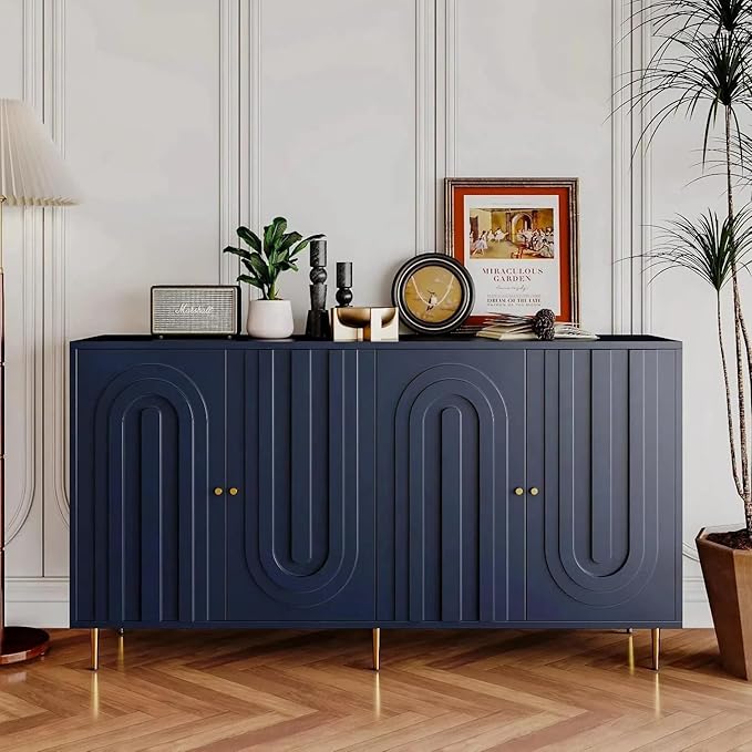 Modern Sideboard Buffet 60" Accent Cabinet, Navy Blue Wood Credenzas Entryway Table with Storage for Living Room Home Bar, 4 Doors & Adjustable Shelves