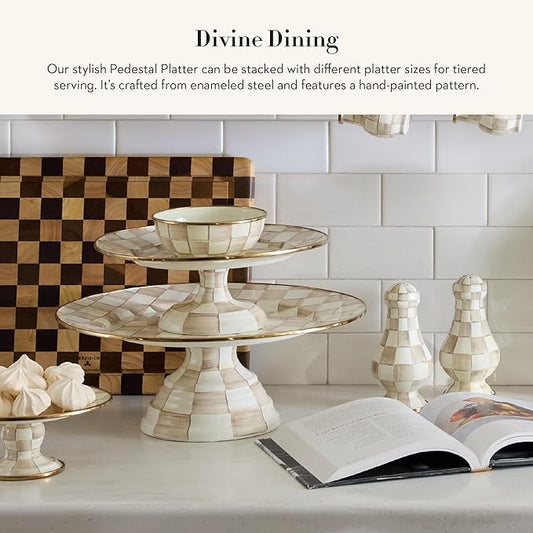 MACKENZIE-CHILDS Enamel Pedestal Platter, Round Cake Stand, Mini, Brown-and-White Mocha Check