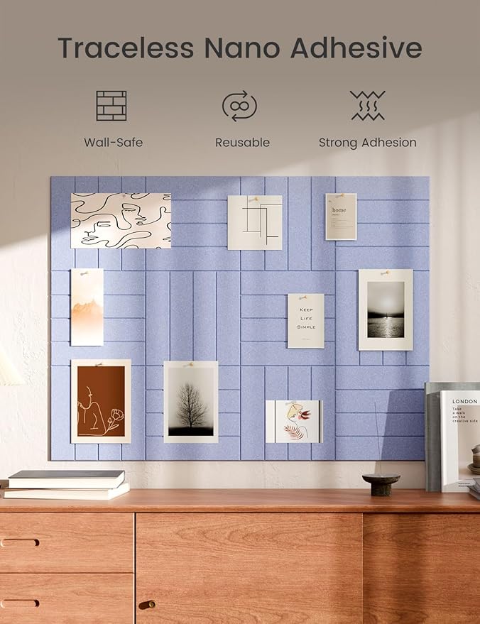 Bumusty Large Cork Board Alternative-47 x35 Felt Bulletin Board Tiles, with 30 Pushpins, 70 Adhesive Tabs, 12-Pack Slat Wall Paneling, Cork Boards for Office Push Pin Board Felt Board-Soft Periwinkle