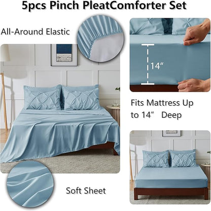 CozyLux Twin XL Comforter Set Light Blue, 5 Pieces Twin Extra Long Pintuck Bed in A Bag for College Dorm, Pinch Pleat Bedding Set with Comforter, Sheets, Pillowcase & Sham