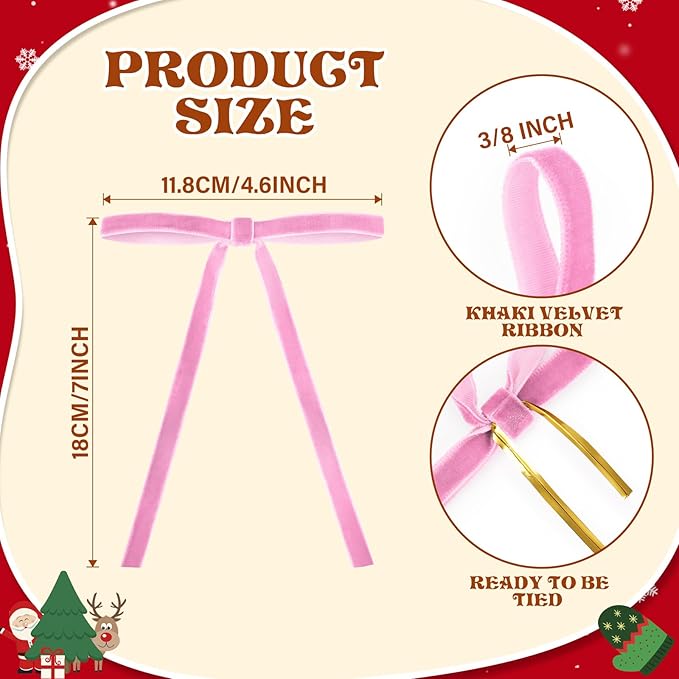24 Pcs Pink Velvet Bows for Christmas Tree, Elegant Christmas Tree Bows, 5x7 Inch Pre-Tied Ribbon Bows for Wreaths, Gifts, and Holiday Décor, Velvet Bow Ornaments for Xmas Trees
