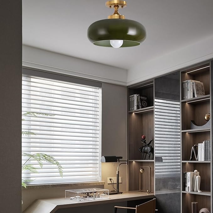 Dark Green Ceiling Light Fixture Glass Flush Mount Ceiling Light Gold Semi Flush Mount Lamp Mid Century Modern for Hallway Entryway Bathroom Closet