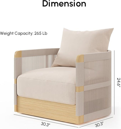 homary Outdoor Hand-Woven Rope Swivel Chair, 360 Degree Swivel Patio Chair, Hand-Woven Rope Outdoor Chair with Rainproof Cushion and Aluminum Frame for Garden, Balcony, Indoor, Khaki