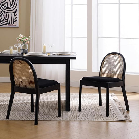Mid Century Dining Chairs Set of 2, Rattan Sherpa Fabric Side Chairs Kitchen Chair with Solid Wooden Legs for Living Room Dining Room, Black