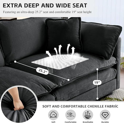 SoarFlash Chenille Sectional Sofa, Comfy Modular Loveseat Sofa, Modern 3-Seat Couch Deep Seat Sofa Set for Living Room,Grey