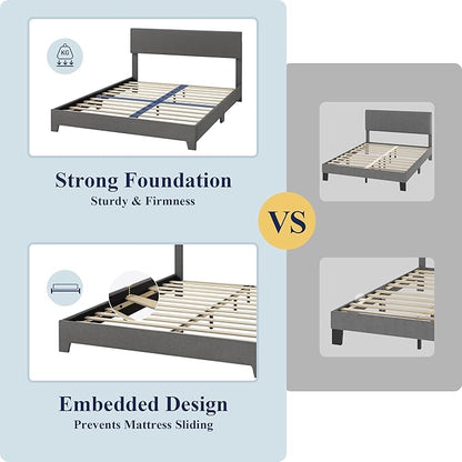 Allewie Queen Bed Frame with Adjustable Headboard, Upholstered Platform Bed with Wood Slats, Heavy Duty Mattress Foundation, No Box Spring Needed, Noise-Free, Easy Assembly, Dark Grey