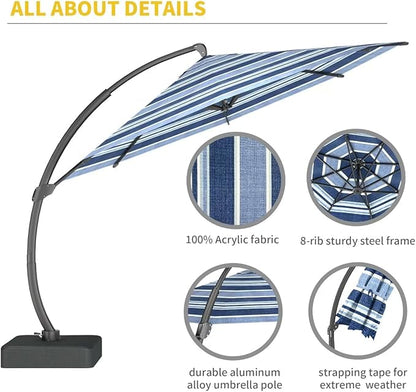 Kingdura 11ft Offset Cantilever Patio Umbrella with Base Included, Large Round Aluminum Outdoor Umbrella with 100% Acrylic Fabric, 360° Rotation & Infinite Tilt for Deck Pool Backyard, Blue Stripes