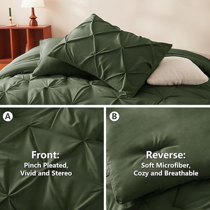 CozyLux Queen Comforter Set Olive Green, 7 Pieces Pintuck Bed in A Bag, Premium Green Comforter Queen Size, Pinch Pleat Bedding Sets with Comforter, Sheets, Pillowcases & Shams
