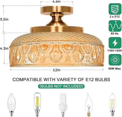 Lamomo Semi Flush Mount Ceiling Light, Upgraded Larger Hallway Light Fixture, 3-Bulb Globe Glass Close to Ceiling Scone, Amber Indoor Hanging Light for Bedroom Kitchen Porch Hallway,Bulbs Not Included