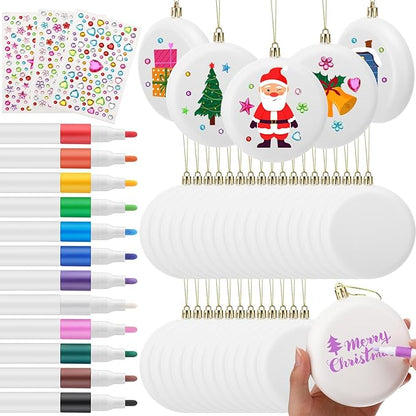 Syhood 36 Pcs 4'' DIY Christmas Blank White Ball Ornaments Set Plastic Matte Flat Discs Ornaments DIY Xmas Tree Decoration with Acrylic Paint Markers Gems Stickers for Crafts Party Decor