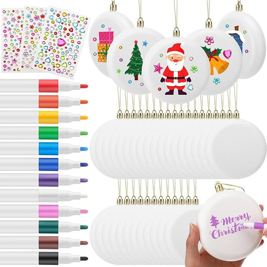 Syhood 36 Pcs 4'' DIY Christmas Blank White Ball Ornaments Set Plastic Matte Flat Discs Ornaments DIY Xmas Tree Decoration with Acrylic Paint Markers Gems Stickers for Crafts Party Decor