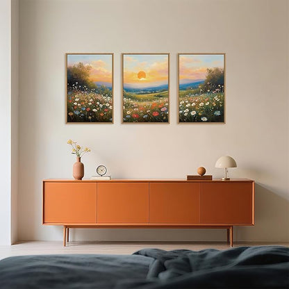 HOURIA Boho Sunrise Wildflower Framed Canvas Wall Art Set,Watercolour Nature Inspired Landscape Wall Decor,Colorful Floral Scenery Artwork,Modern Art Prints for Living Room,Bedroom,Farmhouse-16"x24"x3