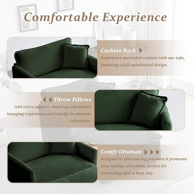 SoarFlash Chenille Sectional Sofa, Comfy Modular Single Sofa with Ottoman, Modern Recliner Deep Seat Sofa Set for Living Room,Green