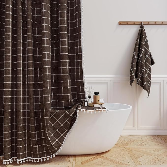 BTTN Boho Shower Stall Curtain - 36x72 Narrow Linen Ultra Thick Tassel Fabric Cloth Shower Curtain Set with 6 Plastic Hooks, Half Camper RV Modern Farmhouse Country Shower Curtains for Bathroom, Brown