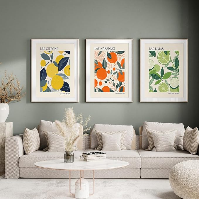 Fruit Market Wall Art Decor Kitchen Lemon Pictures Wall Art Fruit Botanical Prints Poster Orange Green Canvas Kitchen Artwork for Dining Room 16x24 Inch Unframed Set of 3