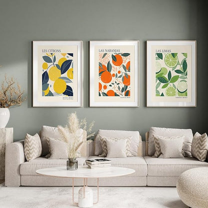 Fruit Market Wall Art Decor Kitchen Lemon Pictures Wall Art Fruit Botanical Prints Poster Orange Green Canvas Kitchen Artwork for Dining Room 16x24 Inch Unframed Set of 3