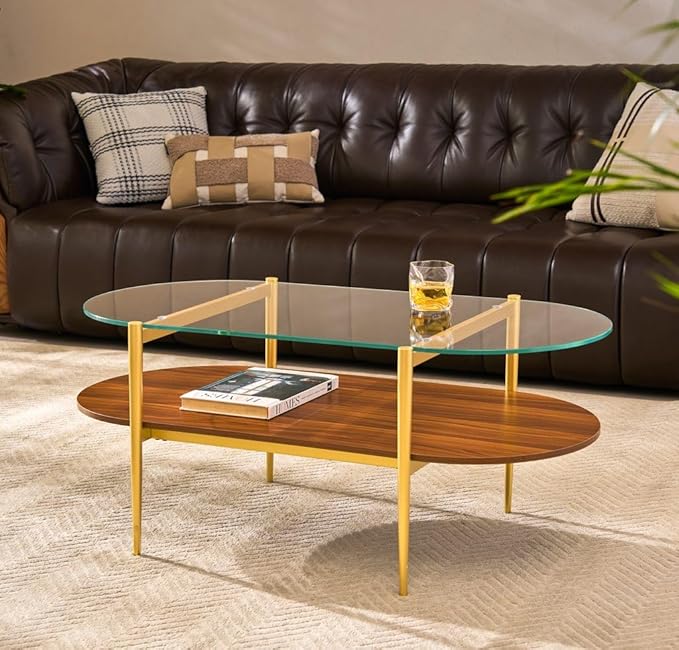 AGV LIGHTING Oval Rectangle Coffee Table with Clear Glass Top, Mid-Century Modern Coffee Table, Walnut MDF Shelf and Glod Metal Legs, Capsule Shape 2 Tier Coffee Table for Living Room, 42 Inch
