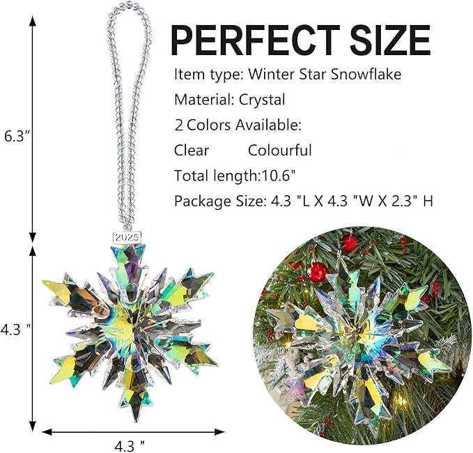 2025 Annual Edition Snowflake Clear Crystal Christmas Ornament, Snowflake Ornaments Display Winter Home Décor Christmas Decor Gift(Colourful)