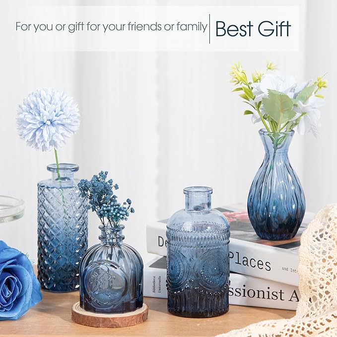 12Pcs Blue Glass Bud Vases Set, Small Vases for Flowers, Perfect for Centerpieces at Parties, Baby Showers, Weddings, Events, Graduation Season, Great Gifts for Office & Home Décor