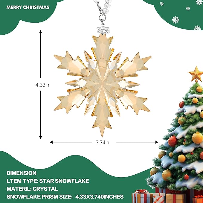 2025 Annual Christmas Ornaments Crystal Snowflake Star, Clear Champagne Faceted Crystal with Tone Metal Accents and Rayon Ribbon-New Year Christmas Tree Ornament Large Crystals Home Hanging Decor