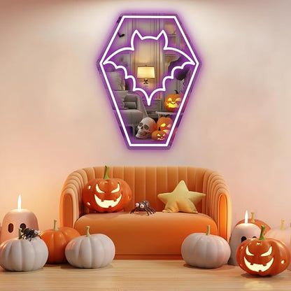 Coffin Bat Neon Mirror Sign,Gothic Room Decor,USB Powered,Halloween Bat Coffin Decor,LED Light Gothic Room, Teen Girls Preppy