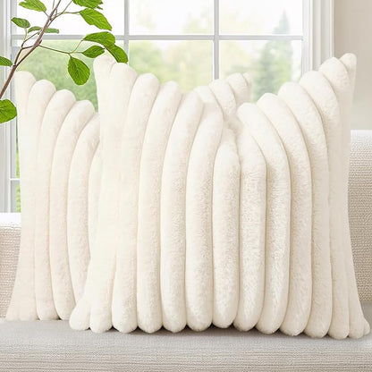 decorUhome Faux Fur Christmas Throw Pillow Covers 22x22 Set of 2, Decorative Soft Plush Striped Neutral Euro Pillow Covers with Velvet Back for Bed, Living Room Home Decor, Cream White