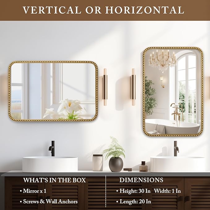 Wall Mirror for Bathroom - 20"x30" Rectangle Rounded Corner Beaded Frame Mirror, Large Vanity Mirror Hangs Horizontal or Vertical, Antique Gold