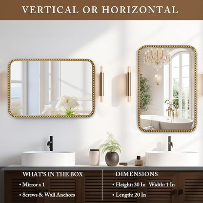 Wall Mirror for Bathroom - 20"x30" Rectangle Rounded Corner Beaded Frame Mirror, Large Vanity Mirror Hangs Horizontal or Vertical, Antique Gold