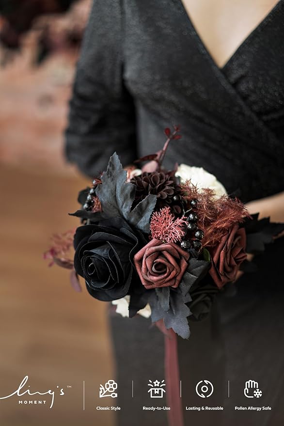 Ling's moment Artificial Flowers Gothic Bridesmaid Bouquet, Burgundy and Black Wedding Flowers Bouquets for Bridesmaids, 7 Inch Bridal Bouquets for Bridesmaids, Wedding, Ceremony, Anniversary, etc