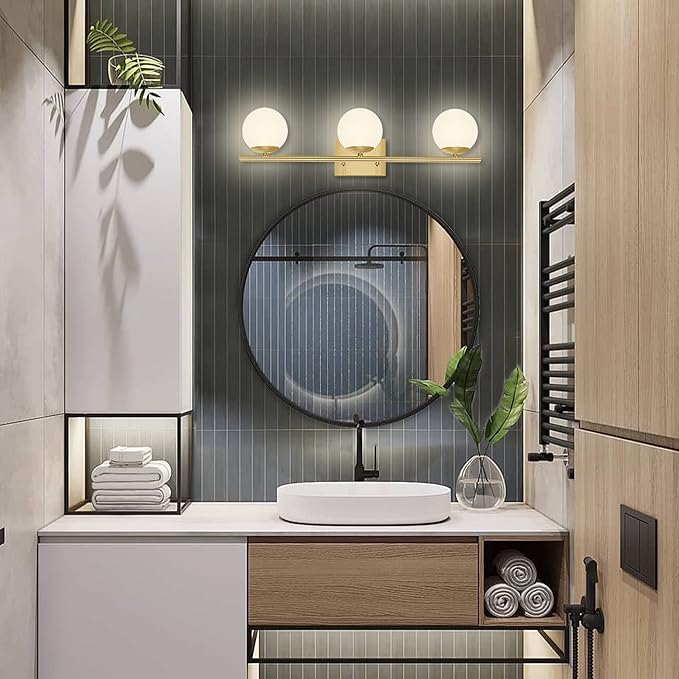 New Bathroom Vanity Light 3 Lights Fixtures Brushed Brass Milk White Globe Glass Shade Modern Wall Bar Sconce Over Mirror (Exclude G9 Bulb)