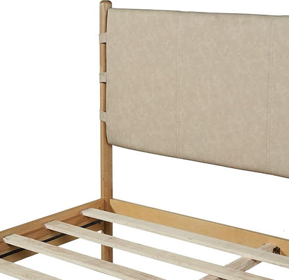 Premium Rubber Wood Platform Bed Frames, Queen Size Headboard Included, Mid Century Modern Beds, Beige