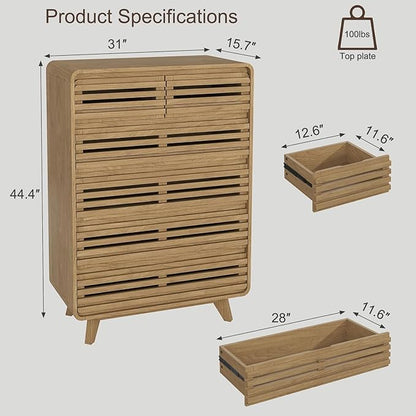 Tall Dresser for Bedroom, Fluted Dresser with 6 Drawers, Chests of Drawers with Grille & Curved Design, Dressers Slides Pre-Installed, Large Wood Drawer Organizer for Bedroom Hallway, Natural Oak
