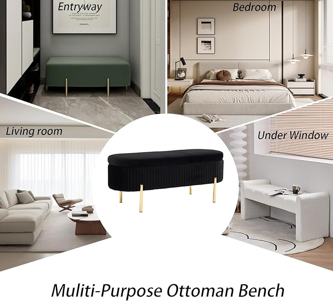 Velvet Storage Bench for Bedroom Upholstered End of Bed Bench Modern Ottoman with Gold Legs for Living Room/Window/Entryway (Black, Oval-45.5" W)
