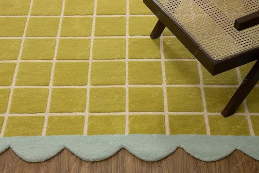 Checkered Wool Area Rug with Scalloped Border, Chartreuse Green & Cream Grid, Hand-Tufted, Soft Cut Pile, Modern Cottagecore Living Room, Bedroom & Nursery Carpet - 2.5x9 Ft (Runner)